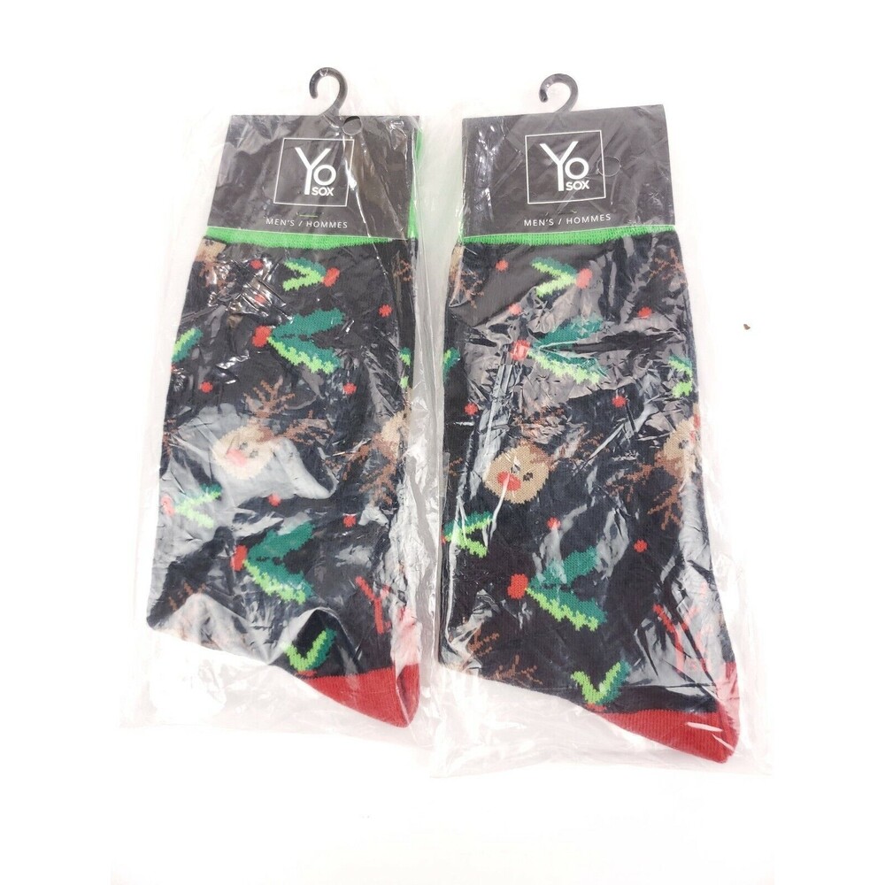 2 Pack Yo Sox Graphic Print Mens Crew Socks Christmas Reindeer Rudolf Size 7-12
